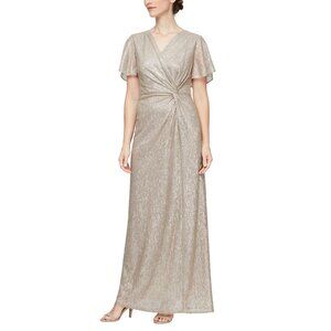 NWT Alex Evenings Champagne Gold Shimmer Long Dress. Sleeves.